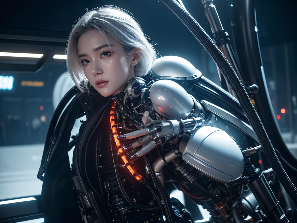 1 white mechanical girl,((extreme realistic detail)), Portraiture, World Class Lighting, Shadow, Octane Rendering, 8ก, Ultra Sharp,silver metal,complicated, Jewelry made with attention to detail, Cool colors, highly complicated details, Realistic Light, CGSociety Trends, Shining Eyes, Beautiful Face, double eyelid, Standing pose, Standing facing the camera., Neon Details, Mechanical Limbs,Blood vessels connected to tubes,A mechanical spine is attached to his back..,sit,Wires and cables connecting to the head, Very detailed, เทคโนโลยีจากFuture World, Future World, Alien Technology, Cybok, ใบหน้าครึ่งCybok,