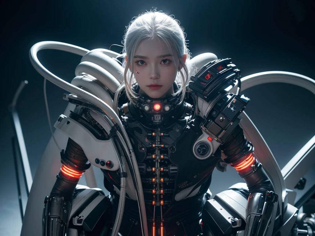 1 white mechanical girl,((extreme realistic detail)), Portraiture, World Class Lighting, Shadow, Octane Rendering, 8ก, Ultra Sharp,silver metal,complicated, Jewelry made with attention to detail, Cool colors, highly complicated details, Realistic Light, CGSociety Trends, Shining Eyes, Beautiful Face, double eyelid, Standing pose, Standing facing the camera., Neon Details, Mechanical Limbs,Blood vessels connected to tubes,A mechanical spine is attached to his back..,sit,Wires and cables connecting to the head, Very detailed, เทคโนโลยีจากFuture World, Future World, Alien Technology, Cybok, ใบหน้าครึ่งCybok,