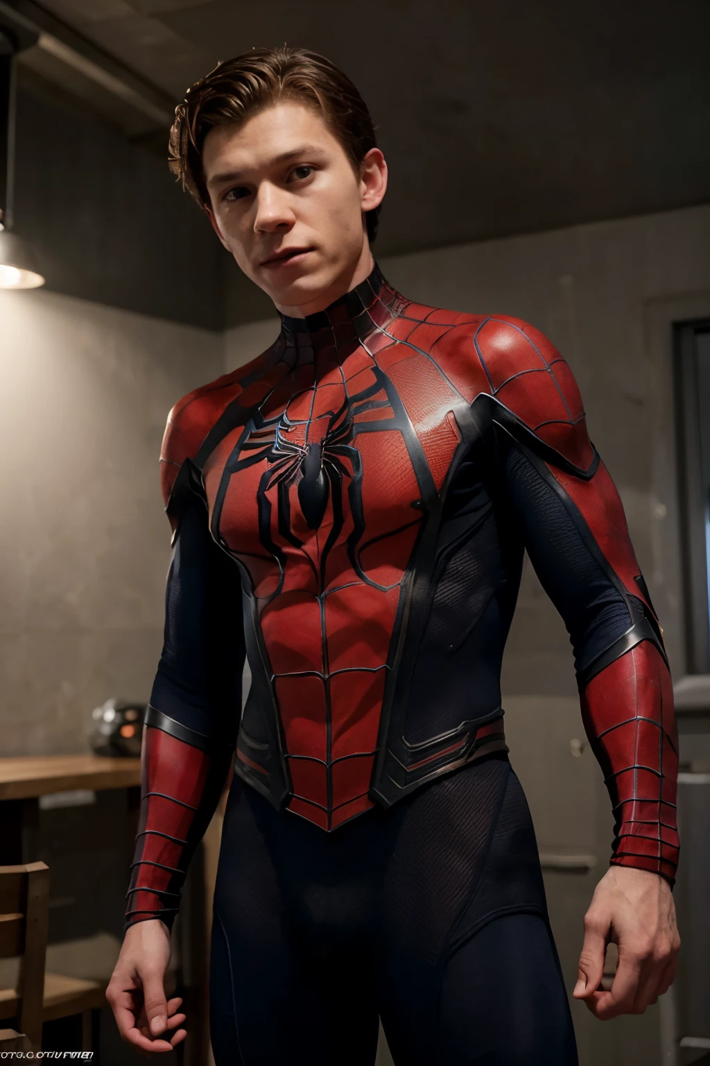 Tom holland, portant un costume de spider-man, mais son sexe de 22 centimetres ressort. Il le tient dans sa main en rigolant. Ses couilles apparaissent aussi, legerement poilues.