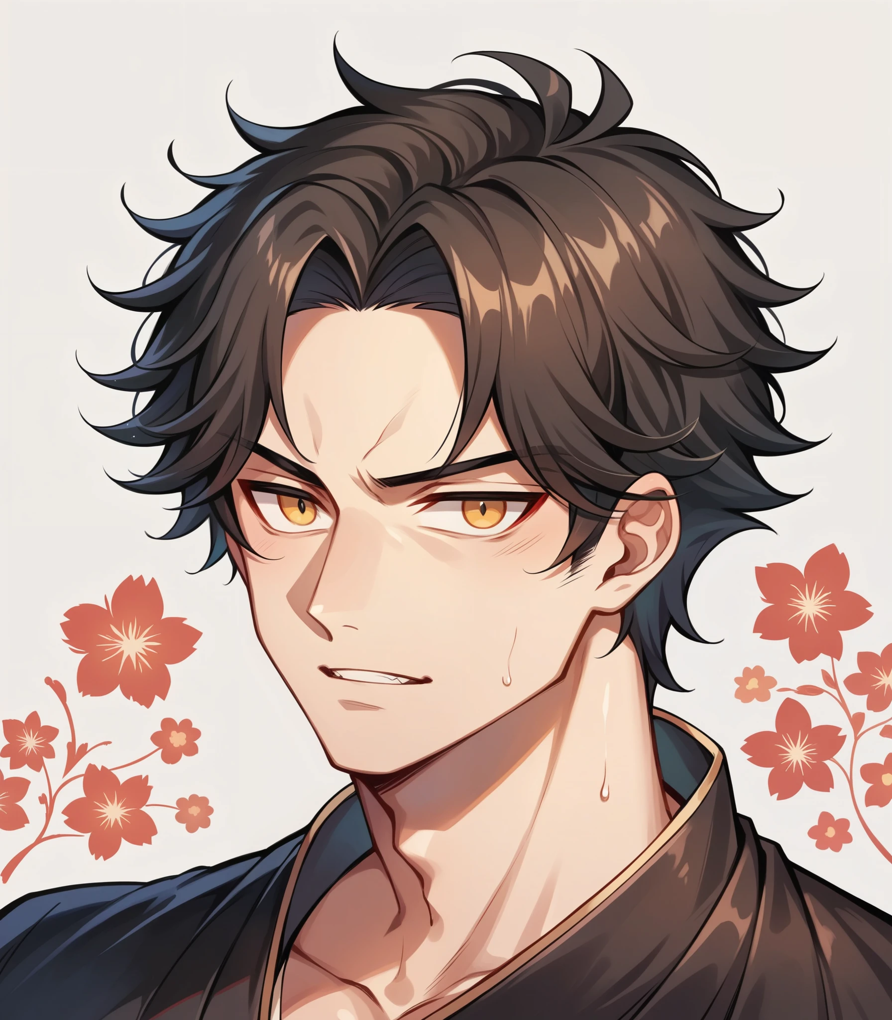 。Upper body close-up。He is wearing a black hakama.。over powered background 。hair is black。resolution,8k、masterpiece , over powered mc , male anime character , god Slayer, demon Slayer,