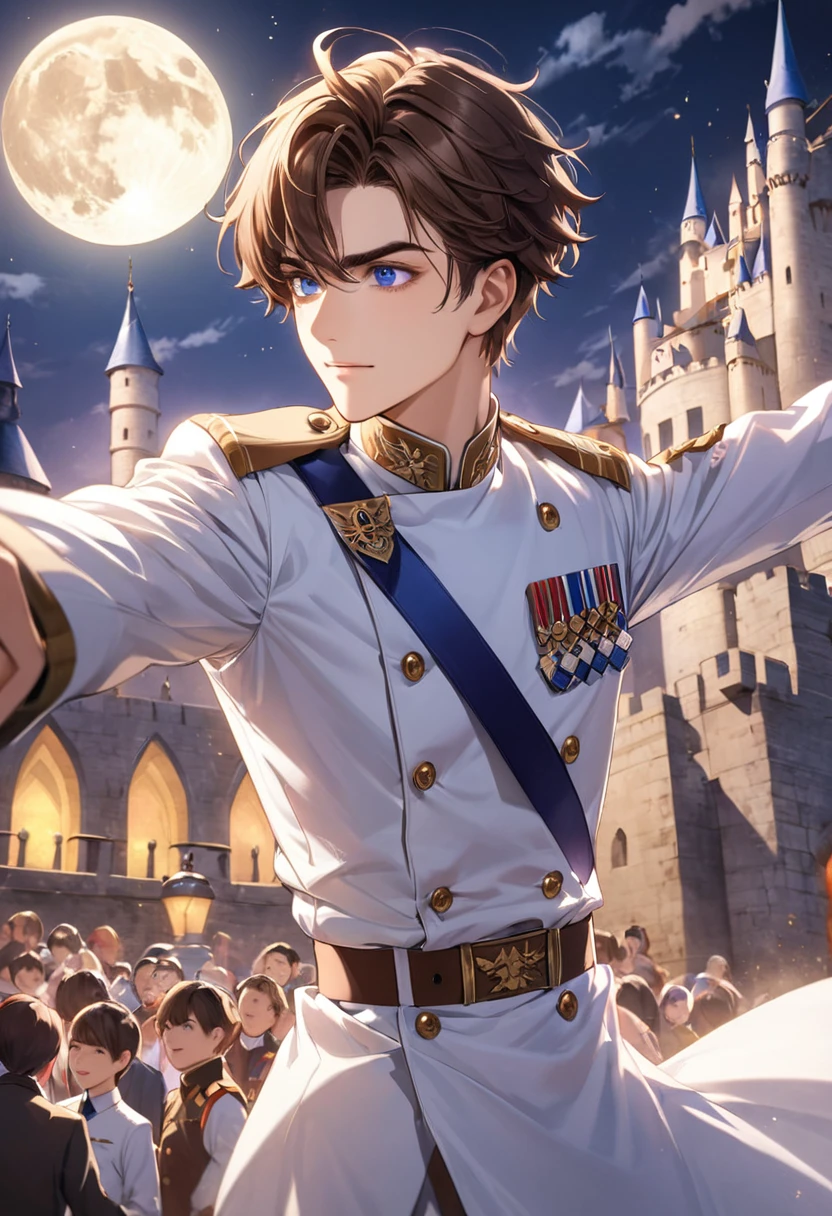 1 male　Brown Hair　Brown eyebrows　Blue-violet eyes　White military uniform　Dance　full moon　Inside the castle