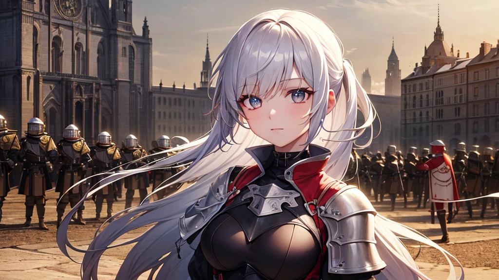Highest quality, 8k, 4K, High resolution, High Contrast,1girl,only,Beautiful colorful hair,Half Up Hair,(Beautifully detailed face),Red, clear eyes, beautiful eyes, The upper body is visible,20generation, Beautiful breasts, Gothic, knight armor, Ancient City, Beautiful background, Soldiers wearing helmets are lined up behind him.