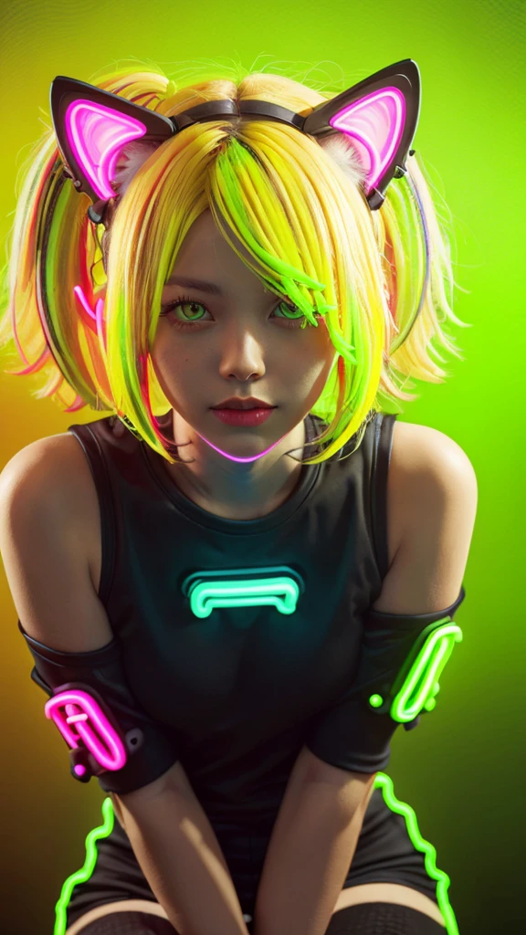 masterpiece, highest quality, 4K, Photorealistic, bokeh, enlightenment,1 perfect portrait of a girl, (A fascinating eye for perfect detail:1.2), colorful hair, (gradient hair), (neon yellow hair:1.6), (Cat ear:1.2), fantasy background, (exposed bare shoulders), (long-term alienation sleeve), (lean forward a little), head tilt, movie lighting, oversized clothes, (seductive pose:1.4), (neon yellow background:1.6), green beautiful eyes, close up,