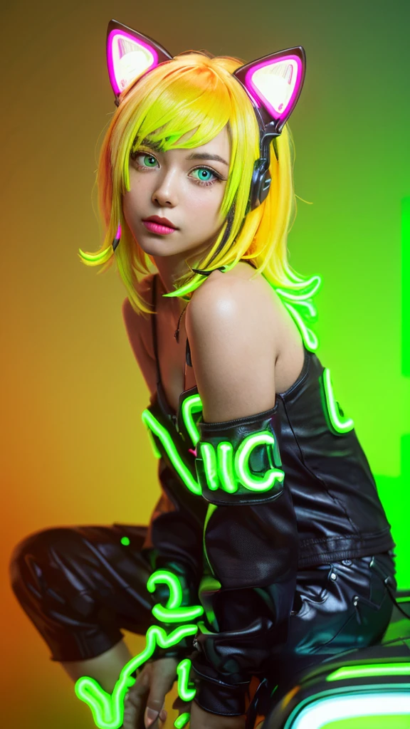 masterpiece, highest quality, 4K, Photorealistic, bokeh, enlightenment,1 perfect portrait of a girl, (A fascinating eye for perfect detail:1.2), colorful hair, (gradient hair), (neon yellow hair:1.6), (Cat ear:1.2), fantasy background, (exposed bare shoulders), (long-term alienation sleeve), (lean forward a little), head tilt, movie lighting, oversized clothes, (seductive pose:1.4), (neon yellow background:1.6), green beautiful eyes, close up,