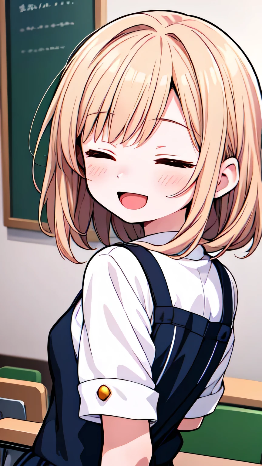 Let's think step by step,Highest quality, masterpiece, Ultra-high resolution, 8k,Show anime style ,Soft Line Art, Digital Enhancement, shojo anime touch, shojo manga core, Flowing fabric, Soft Drawing, Ultra-Definition Digital Anime Art, Clear facial depiction, Super detailed girl cartoon character art, Ultra-detailed manga style, Highest qualityの色,(((Upper body close-up))), (Tabletop,Highest quality:1.4),(8k,RAW Photos,Like the picture:1.2), (((closed eyes,open mouth, smile))),Detailed skin,Detailed face,A woman with short brown hair, Anatomically perfect hands,Clear brown eyes,A little chubby,Small breasts,Small butt,Cute Face,spread arms