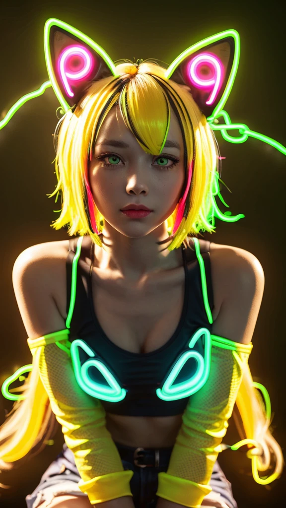 masterpiece, highest quality, 4K, Photorealistic, bokeh, enlightenment,1 perfect portrait of a girl, (A fascinating eye for perfect detail:1.2), colorful hair, (gradient hair), (neon yellow hair:1.6), (Cat ear:1.2), fantasy background, (exposed bare shoulders), (long-term alienation sleeve), (lean forward a little), head tilt, movie lighting, oversized clothes, (seductive pose:1.4), (neon yellow background:1.6), green beautiful eyes, close up,