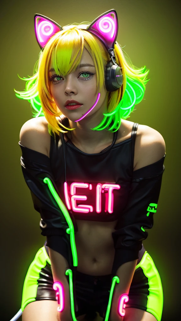 masterpiece, highest quality, 4K, Photorealistic, bokeh, enlightenment,1 perfect portrait of a girl, (A fascinating eye for perfect detail:1.2), colorful hair, (gradient hair), (neon yellow hair:1.6), (Cat ear:1.2), fantasy background, (exposed bare shoulders), (long-term alienation sleeve), (lean forward a little), head tilt, movie lighting, oversized clothes, (seductive pose:1.4), (neon yellow background:1.6), green beautiful eyes, close up,