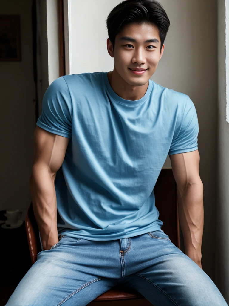 (natural, realistic, according to reality, Masterpiece, 8k HD, good light quality, Not wearing a shirt, fit the face, complicated details), A handsome, muscular young Korean man sits on a chair with muscular arms. , 20 years old, be happy, smile brightly, detailed face, delicate eyes, look at the sky, Wear a tight blue t-shirt.:1.6 , jeans period, black eyes, Black hair color, ผมsmooth, smooth，Surreal，Superb details，Highest quality，real，Open your mouth to talk. , Close your eyes., (standing in bedroom:1.1), bright