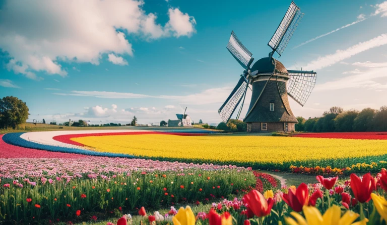 "under the majestic sky,Beautiful windmill surrounded by vibrant flower fields."