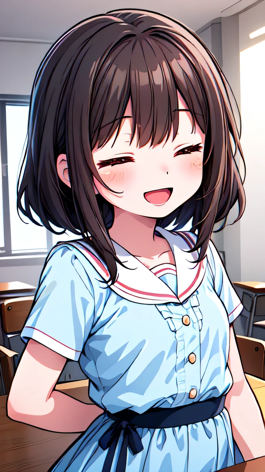 Let's think step by step,Highest quality, masterpiece, Ultra-high resolution, 8k,Show anime style ,Soft Line Art, Digital Enhancement, shojo anime touch, shojo manga core, Flowing fabric, Soft Drawing, Ultra-Definition Digital Anime Art, Clear facial depiction, Super detailed girl cartoon character art, Ultra-detailed manga style, Highest qualityの色,(((Upper body close-up))), (Tabletop,Highest quality:1.4),(8k,RAW Photos,Like the picture:1.2), (((closed eyes,open mouth, smile))),Detailed skin,Detailed face,A woman with short brown hair, Anatomically perfect hands,Clear brown eyes,A little chubby,Small breasts,Small butt,Cute Face,spread arms