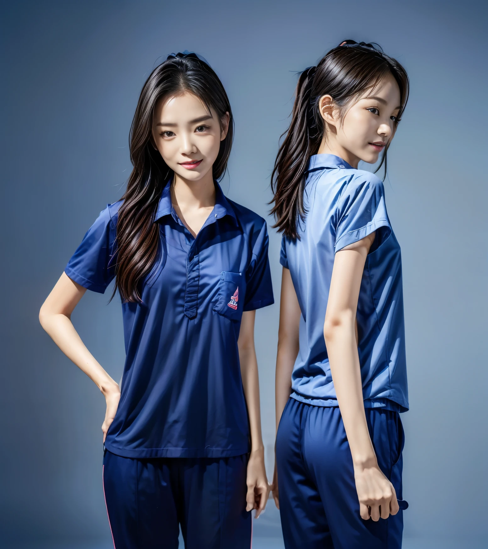 (best quality,10,10,height,Masterpiece:1.2),Special details,(realistic,ภาพrealistic,Realistic photos:1.37),1 Cute girl in the kitchen,shiny, ผิวshiny,only,smile softly,BDclothelue shirt:1.3)),short sleeve,shirt, กางเกงขาlong.,(navy_long_track pants:1.1), ((Kitchen Background)),Dynamic angle,excited,Face focus,dynamic poses,from behind,focus on ass,Masterpiece, best quality, ultra realistic, hyper detail, 8k resolution, raw photos, Sharp focus, ((Navy blue shirt:1.1)), short sleeve, เส้นทางlong, perfect body, 2 mature women, 18 years old, Cinema-grade lighting system,blue sweatpants,shirtผ้าออกกำลังกาย,correct anatomy,perfect body, correct body, Sharp face, correct bodyทางกายวิภาค, full body, realistic gestures, long-haired, realistic poses,Wear long shorts...........................,ช่วงขาlong,Good shape,carved girl, Slender figure, model, Good shape, beautiful body,blue sweatpants, two girls kissing