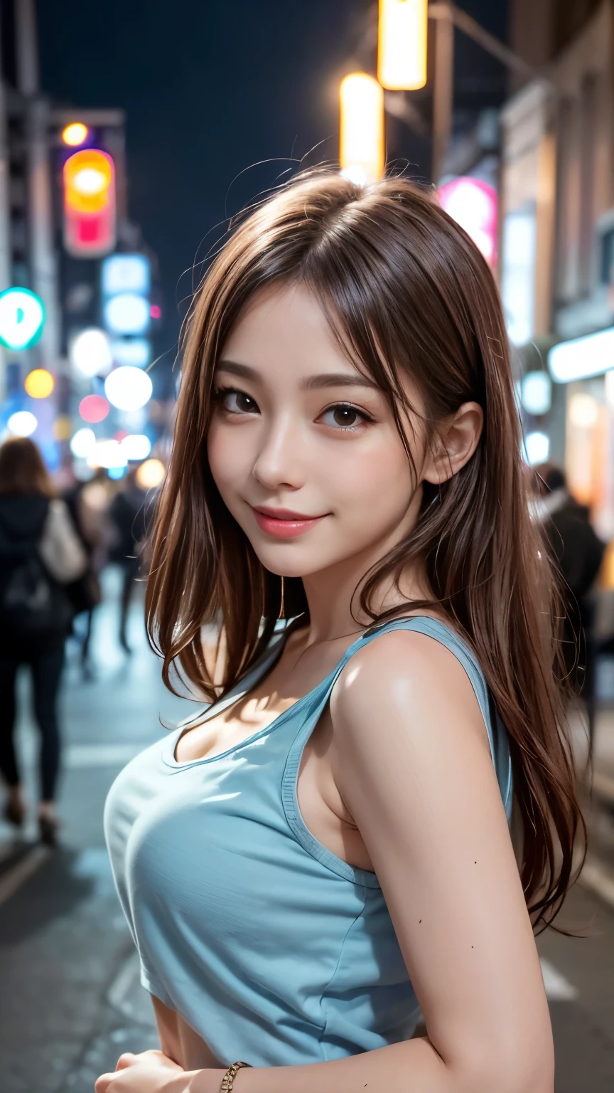 1 girl, Tokyo Street,night, Streetscape,City lights,Upper Body,close,smile,, (8k, RAW Photos, Highest quality, masterpiece:1.2),(Realistic, photo-Realistic:1.37),