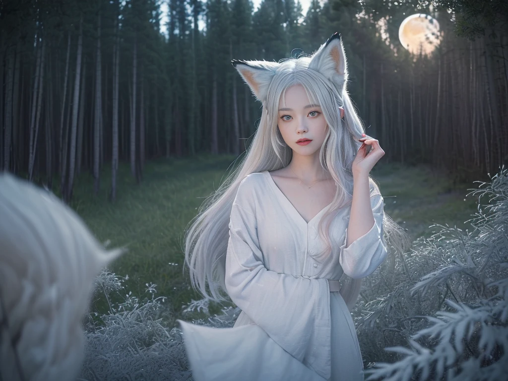 (((((quality：Best quality, masterpiece))), style：Ink style, poetic), 1. The white-haired girl with fox ears(nine tailed fox, Silver Hair, Bright Eyes, glimpse under), (night is coming, Pouring moonshine, The moon is hanging, Pine branches, In the weeds), The photo is soulful, Show me the mysterious poetry and moving beauty