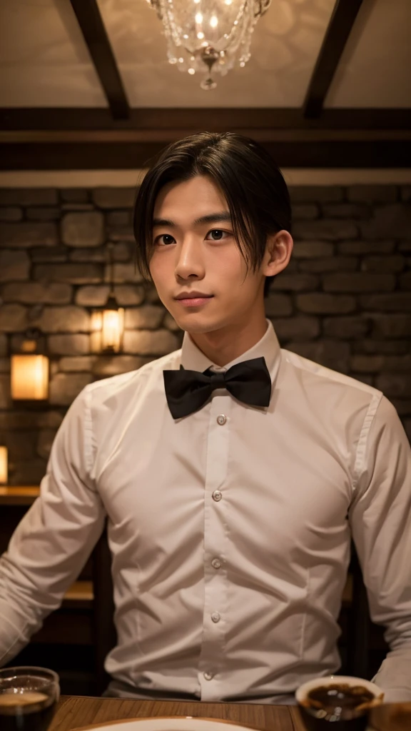 Ginza、underground、Hidden Restaurant、Stone Wall、Waiter、24-years-old、male、Japanese、naked、Black bow tie、Looking up、中年のmale客、Ultra HD、Real Photo