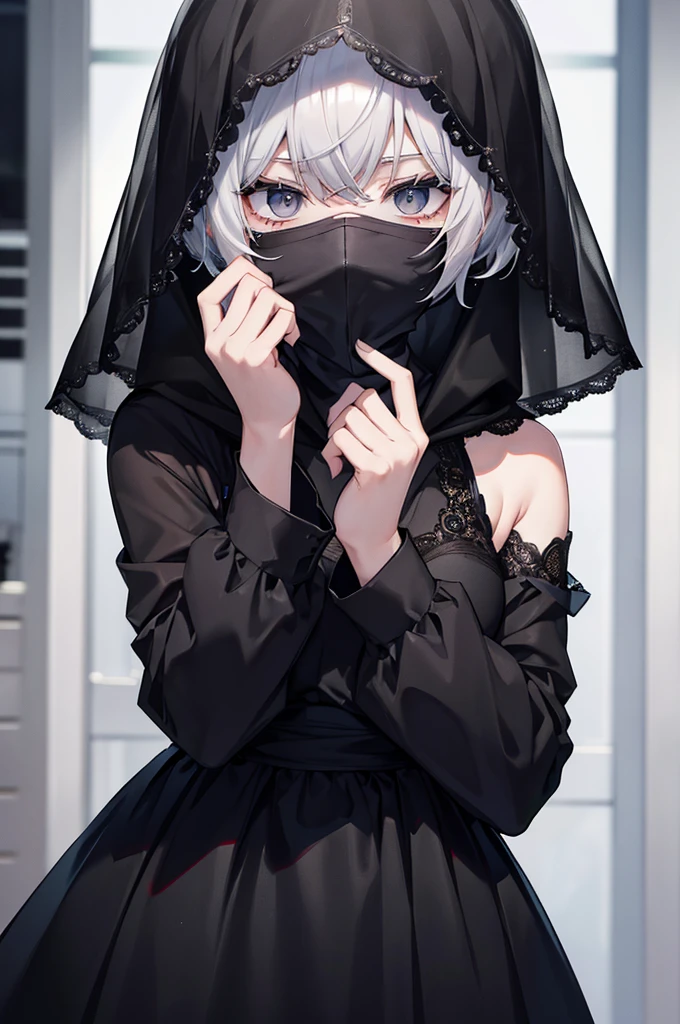 The killer, a 30-year-old male, wore a mask to cover his face. Wears a black dress and a white veil, has gray hair and short hair.