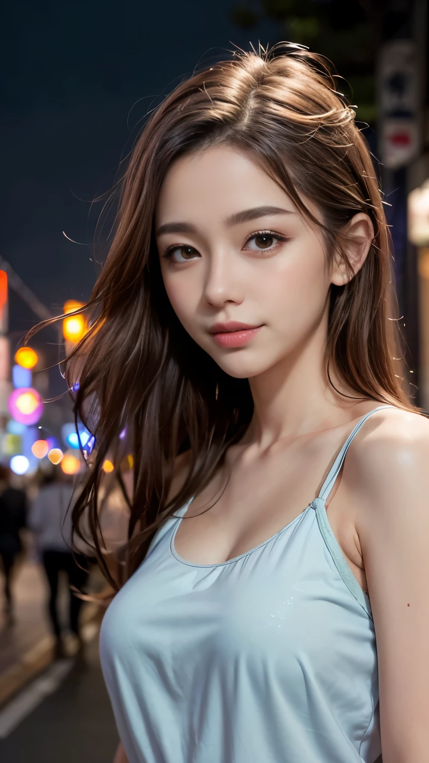 1 girl, Tokyo Street,night, Streetscape,City lights,Upper Body,close,smile,, (8k, RAW Photos, Highest quality, masterpiece:1.2),(Realistic, photo-Realistic:1.37),