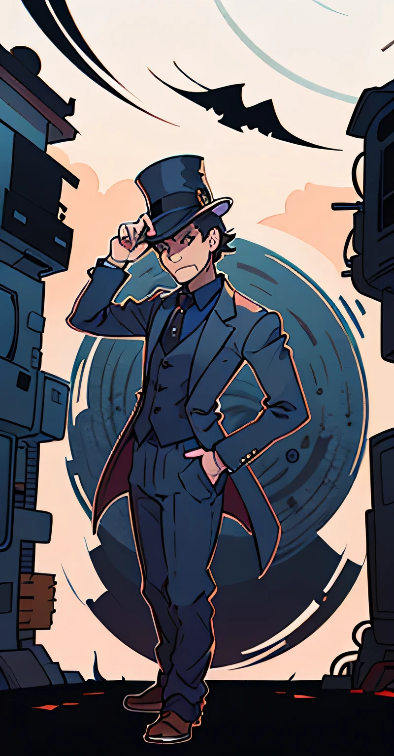 A man wearing a suit, holding the brim of his hat, evil face expression, side eye, villain, 2d art, cel shading