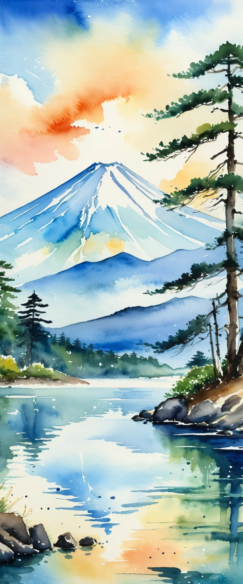 masterpiece,Magnificent landscape painting,Mount Fuji watercolor painting,Lake Yamanaka,Summer in Japan,Magnificentな景色(Watercolor splashes、ooze、Blur、blotting、Effective use of the fading technique),(beauty),(Magnificent)