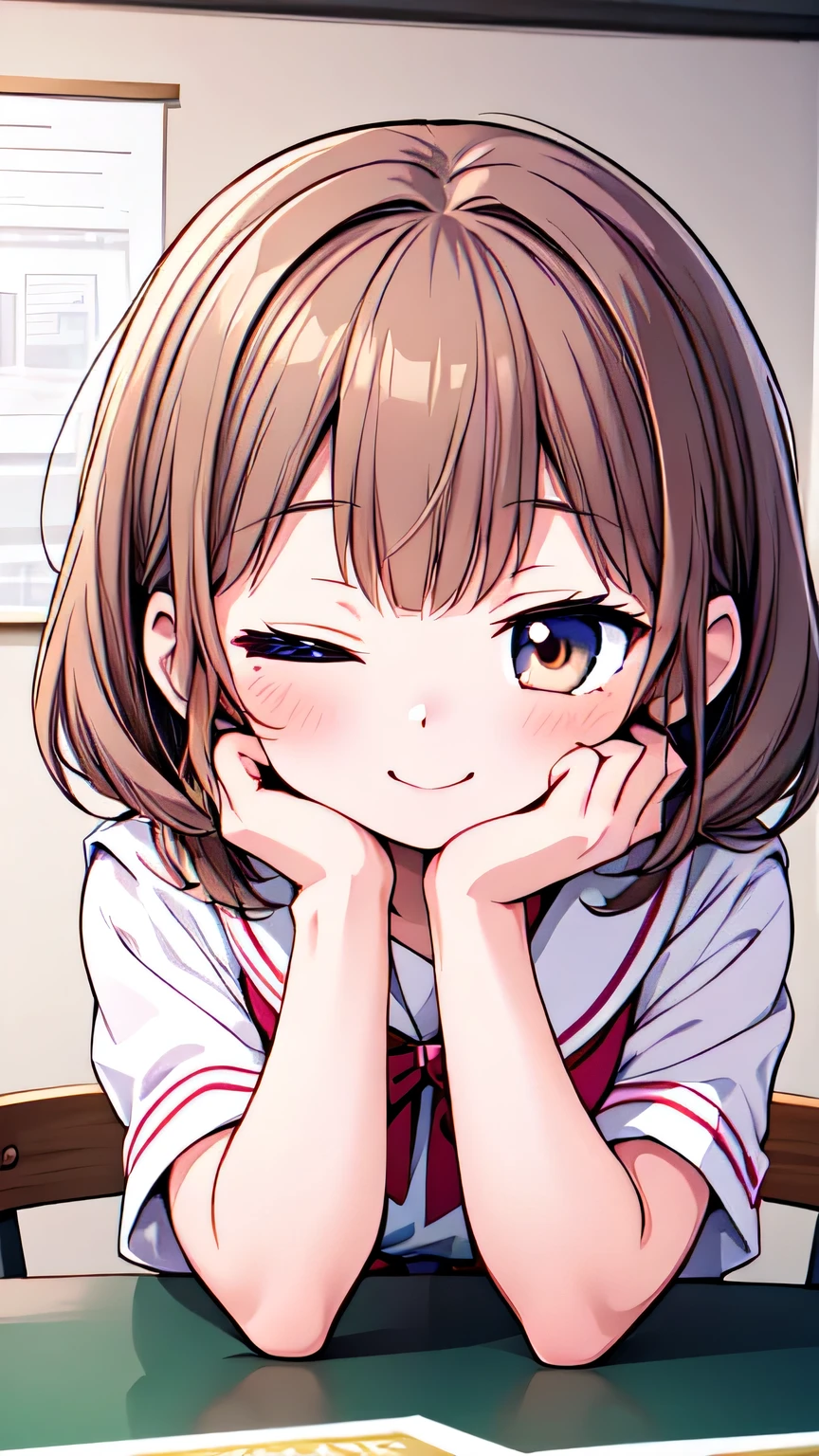 Let's think step by step,Highest quality, masterpiece, Ultra-high resolution, 8k,Show anime style ,Soft Line Art, Digital Enhancement, shojo anime touch, shojo manga core, Flowing fabric, Soft Drawing, Ultra-Definition Digital Anime Art, Clear facial depiction, Super detailed girl cartoon character art, Ultra-detailed manga style, Highest qualityの色,(((Upper body close-up))), (Tabletop,Highest quality:1.4),(8k,RAW Photos,Like the picture:1.2), (((She has her eyes closed and her mouth open, smile))),Detailed skin,Detailed face,A woman with short brown hair, Anatomically perfect hands,Clear brown eyes,A little chubby,Small breasts,Small butt,Cute Face,spread arms