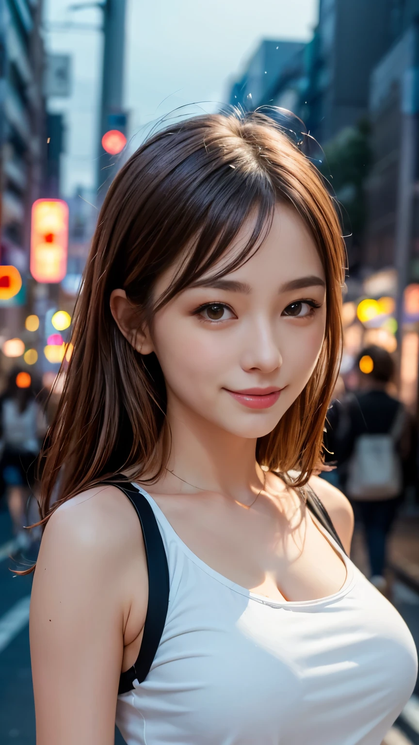1 girl, Tokyo Street,night, Streetscape,City lights,Upper Body,close,smile,, (8k, RAW Photos, Highest quality, masterpiece:1.2),(Realistic, photo-Realistic:1.37),