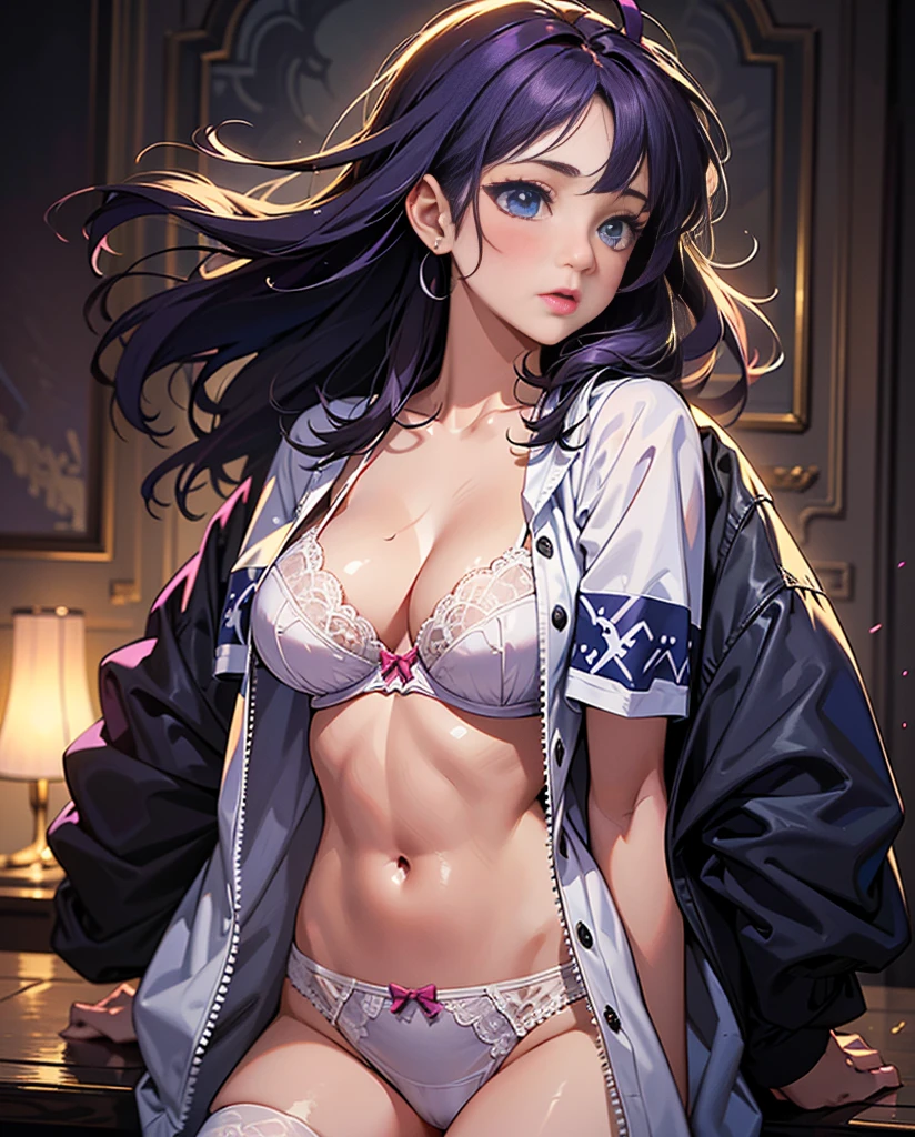 ((Best quality, detailed background,depth of field, volumetric lighting, sharp focus, Absurd, ultra-detailed), 1 girl ((beautiful,21s, big breasts, saori kido,  purple long hair,  blue eyes,  blushing)),  wearing white lingerie ( lace bra,  lace panties, lace stockings)