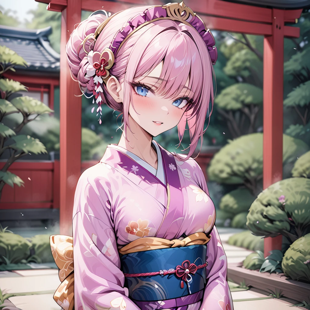 ((Highest quality)), ((masterpiece)), (detailed), (Perfect Face)、The woman is Lacus Clyne, with blue eyes, medium-long pink hair, and is wearing a gorgeous, vibrant kimono and a gorgeous Japanese headdress.、The woman is in a Japanese garden