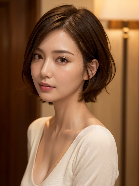 Highest quality, Realistic, Very detailed, High resolution, 8k wallpaper, RAW Photos, Professional photography, Realistic, 1 girl, (((Total natural color))), Upper Body, short hair, Bob Hair, Straight hair, Shapely small breasts, Perfect Face, (Face close-up), ((Looking into the camera)), (From below)