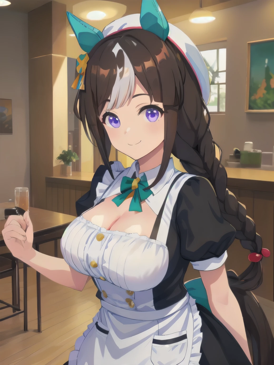 ((Highest quality, masterpiece, High resolution)), One girl, Hokuto Tarumae\(umamusume\), Maid, cafeteria, smile, Are standing, White apron, Large Breasts, Cleavage, Horse tail, Perfect hands, 黒色Maid服, Black Skirt, Short sleeve, White Hat, Blue ear covers