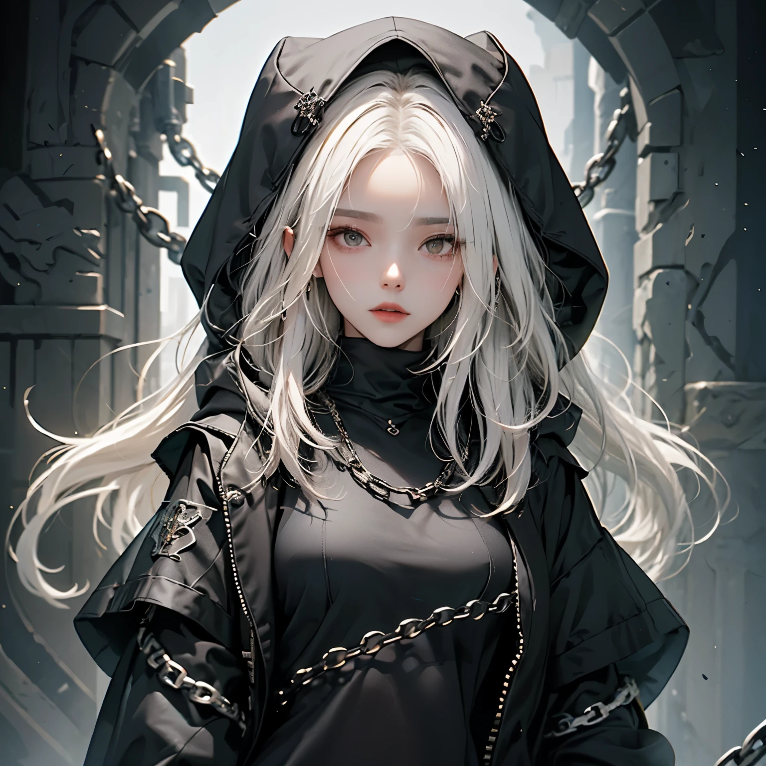 1mysterious girl, Wearing a hood、Wear a black mask that covers your mount, Wearing the garb of a dark priest, Her long white hair is loose、Her body was bound by divine chains.