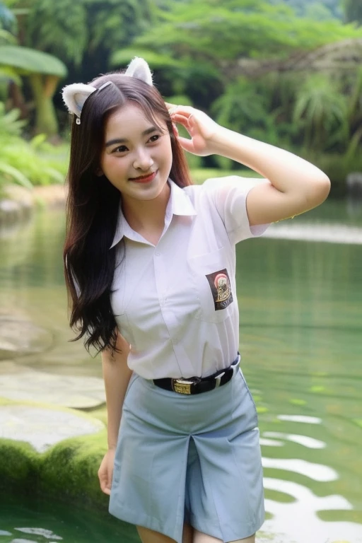 1girl, yellow eyes, long hair, cewe-sma, from fitting, white shirt, gray skirt, belt, looking at viewer, light smile, arms behind back, nature, hair ornament, animal ears, water, wet