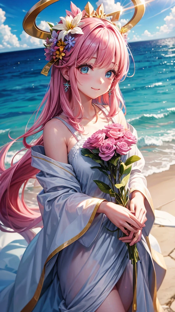 (She holds the flower in both hands.),(There's a halo over the clouds.),pink hair, hair over shoulder, parted bangs, jewelry, flower on head, mismatched pupils, aqua eyes, heart earrings, light smile, closed mouth, cinematic lighting, UHD, textured skin, high details, best quality, highres, 4K, 8k,