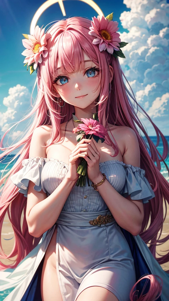 （She holds the flower in both hands.）,（There's a halo over the clouds.）,pink hair, hair over shoulder, parted bangs, jewelry, flower on head, mismatched pupils, aqua eyes, heart earrings, light smile, closed mouth, cinematic lighting, UHD, textured skin, high details, best quality, highres, 4K, 8k,