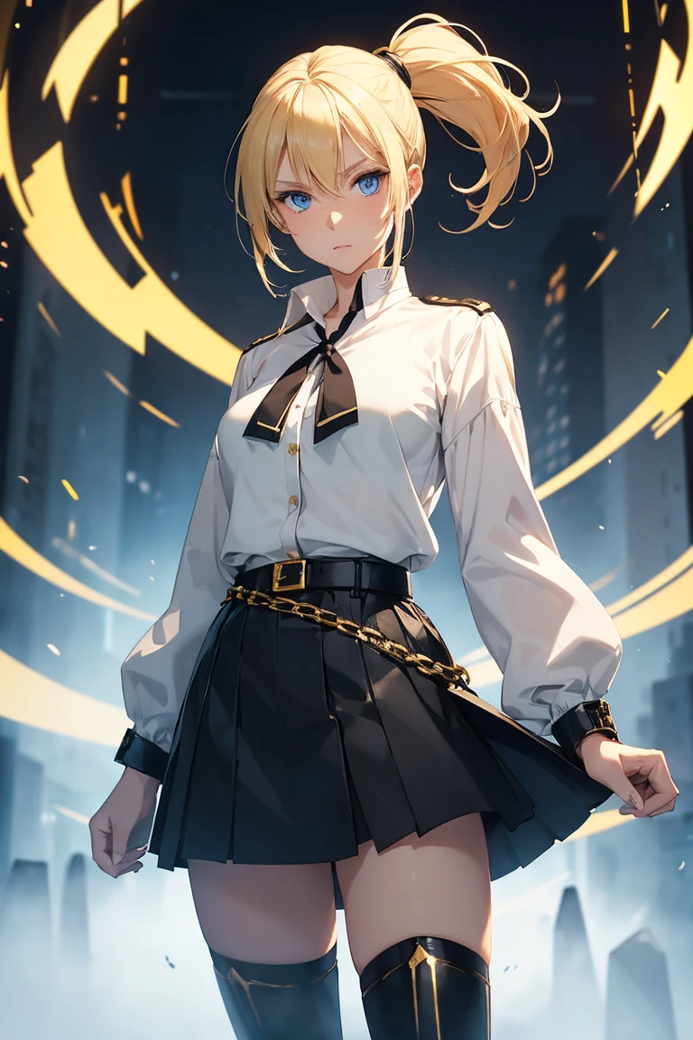 1female, blonde hair, blue eyes, high ponytail, white blouse, black skirt, gold belt, black boots, foggy background, standing, hands at sides