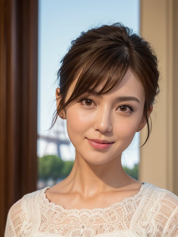 Highest quality, Realistic, Very detailed, High resolution, 8k wallpaper, RAW Photos, Professional photography, Realistic, 1 girl, (((Total natural color))), Upper Body, short hair, Bob Hair, Straight hair, Shapely small breasts, Perfect Face, (Face close-up), ((Looking into the camera)), (From below), With the Eiffel Tower in the background
