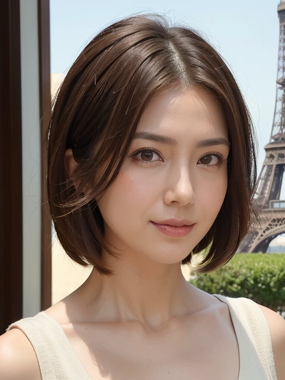 Highest quality, Realistic, Very detailed, High resolution, 8k wallpaper, RAW Photos, Professional photography, Realistic, 1 girl, (((Total natural color))), Upper Body, short hair, Bob Hair, Straight hair, Shapely small breasts, Perfect Face, (Face close-up), ((Looking into the camera)), (From below), With the Eiffel Tower in the background