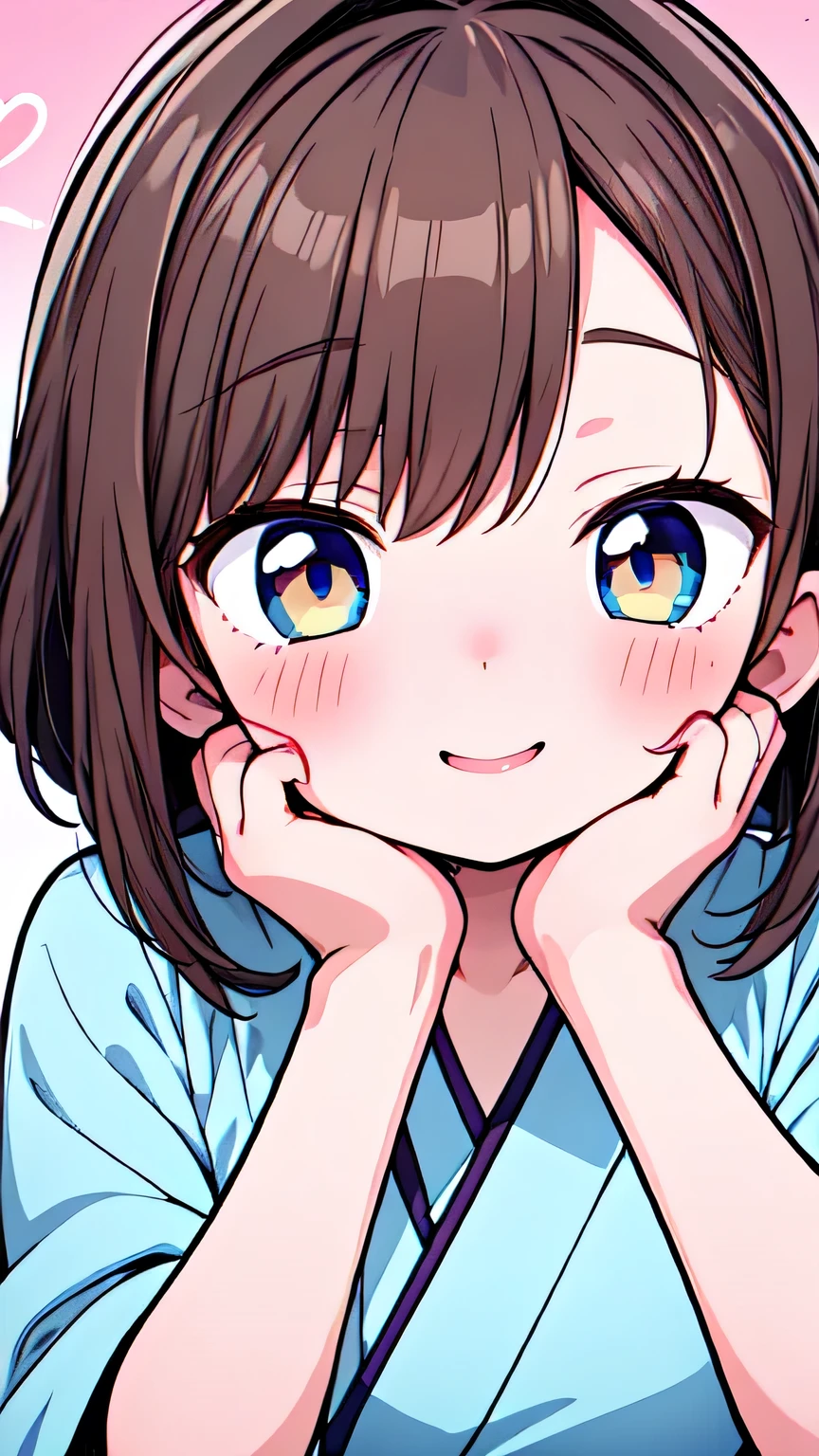 Let's think step by step,Highest quality, masterpiece, Ultra-high resolution, 8k,Show anime style ,Soft Line Art, Digital Enhancement, shojo anime touch, shojo manga core, Flowing fabric, close, Soft Drawing, Ultra-Definition Digital Anime Art, Clear facial depiction, Super detailed girl cartoon character art, Ultra-detailed manga style, Highest qualityの色,(((Upper body close-up))), (Tabletop,Highest quality:1.4),(8k,RAW Photos,Like the picture:1.2), Detailed skin,Detailed face,Woman with short brown hair, Anatomically perfect hands,A little chubby,Small breasts,Small butt,Japanese Idols,Cute Face,Eyes closed,Mouth open,Laughing happily