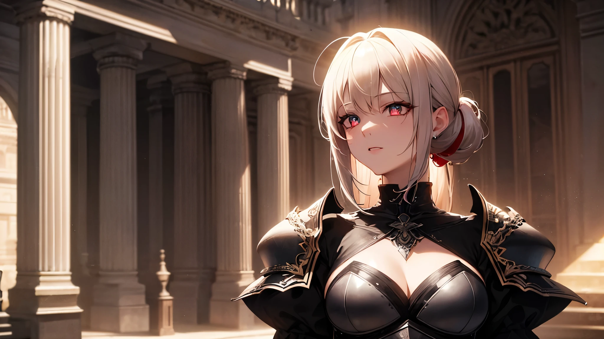 Highest quality, 8k, 4K, High resolution, High Contrast,1girl,only,Beautiful colorful hair,Half Up Hair,(Beautifully detailed face),Red, clear eyes, beautiful eyes, The upper body is visible,２０generation, Beautiful breasts, Gothic, knight armor, Ancient City, Beautiful background, Dynamic Pose