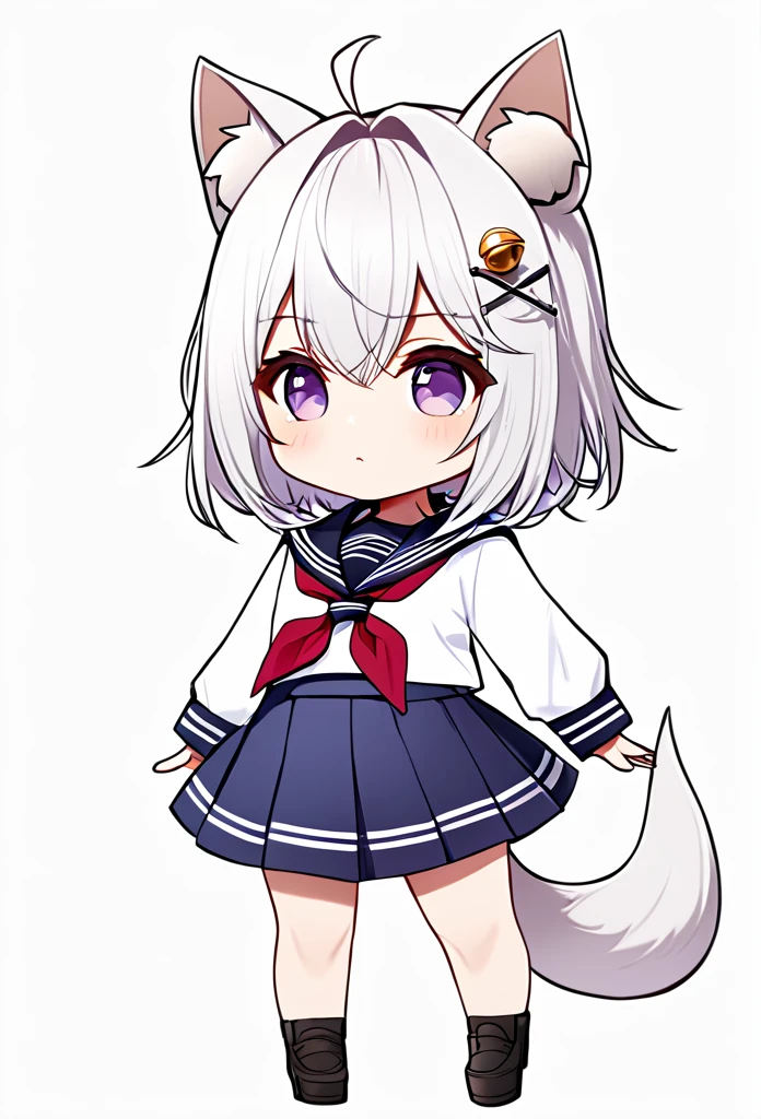 master piece, best quality, high resolution / hires, ultra-detailed, illustration, from front, (chibi character:1.2), (1woman:1.2),FilianSailor, purple eyes, tail, short hair, (hairclip), (hair bell) , serafuku, red neckerchief, blue skirt, ((simple white background)),