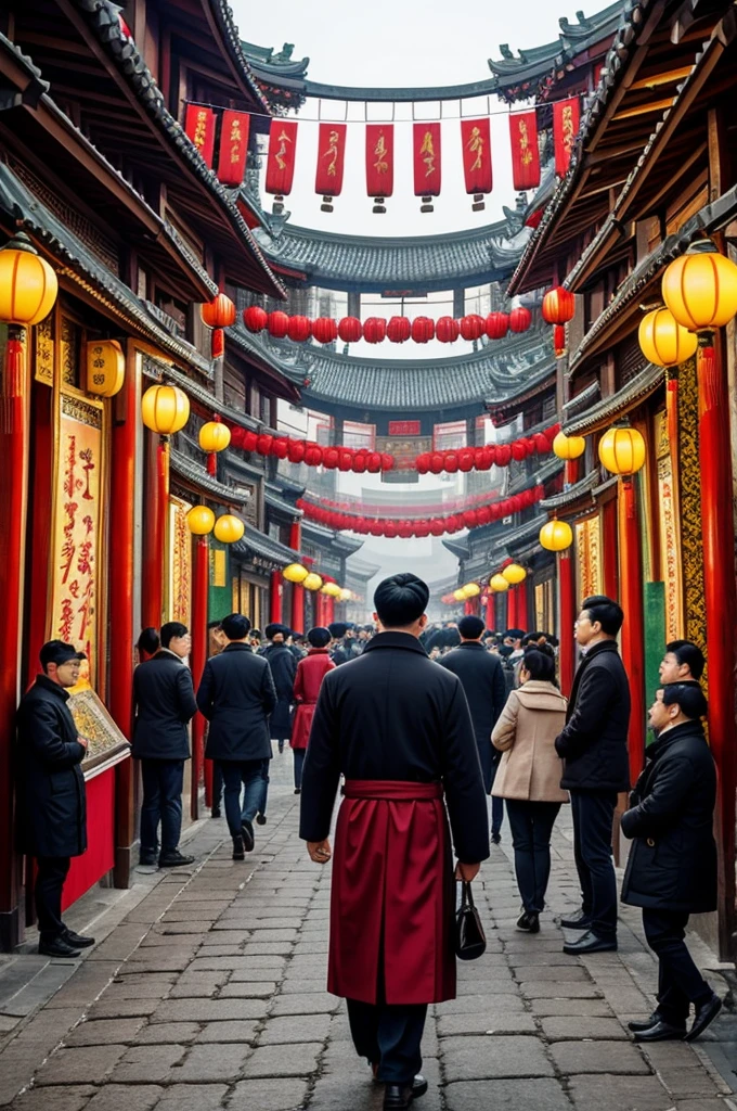 draw a scene of Tradition blends with modernity in a vibrant urban setting in Chinese newyear