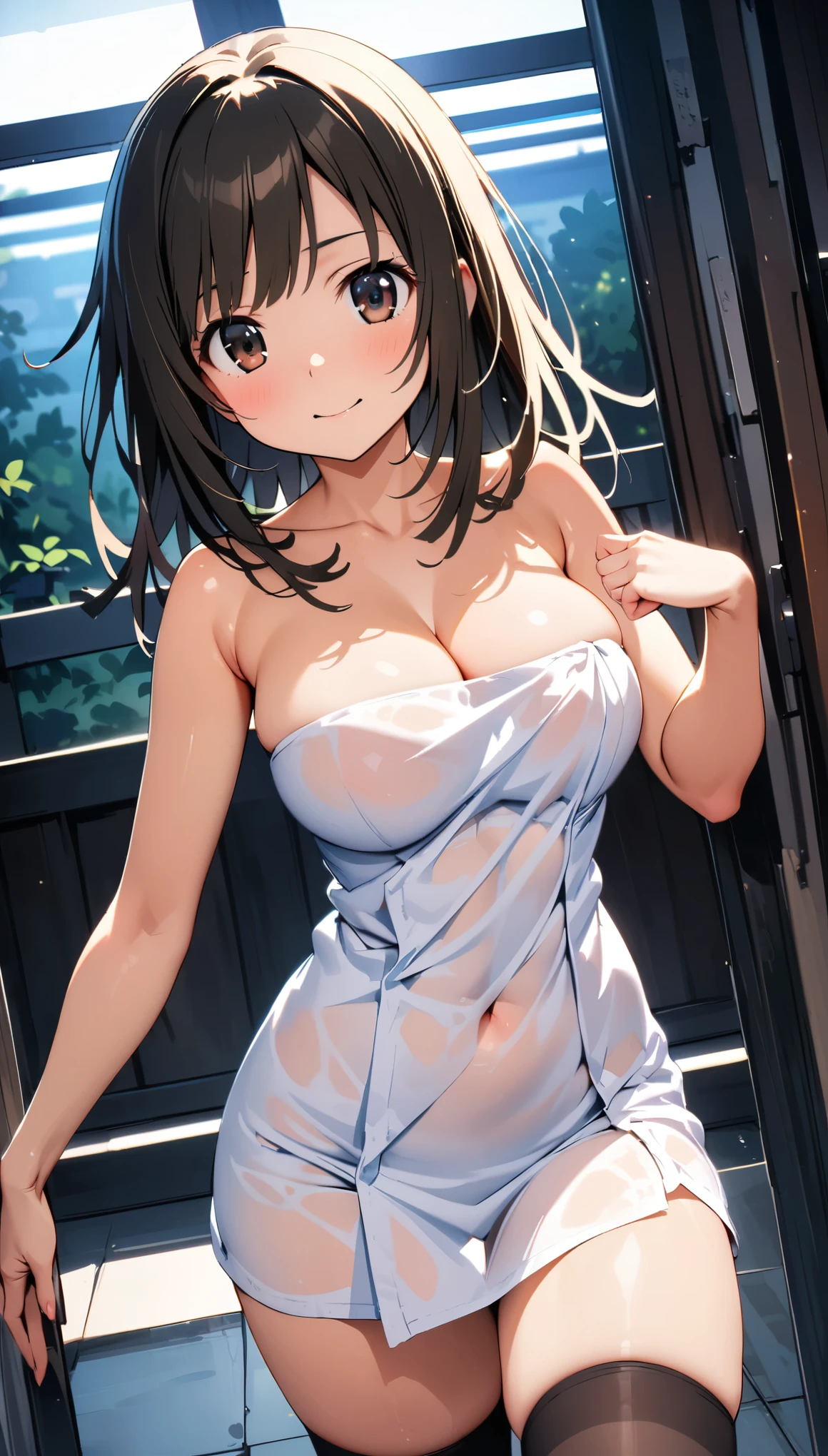 [[One person, Manhattan Cafe \(umamusume\), umamusume]], Beautiful attention to detail, Yellow Eyes, Close one eye, (puppet:1.5), Curvy, thin, Small breasts, (Black thigh-high socks), (Cleavage) , (Sexy pose), (Seductive pose), (Crop Top Belly Button), (Naked Towel, (see-through Naked Towel, Adhesive Naked Towel)), (Close-up shot), Dynamic Angle, Highest quality, Very detailed, masterpiece, Ultra-high resolution, 8k, Nipples, Horse tail