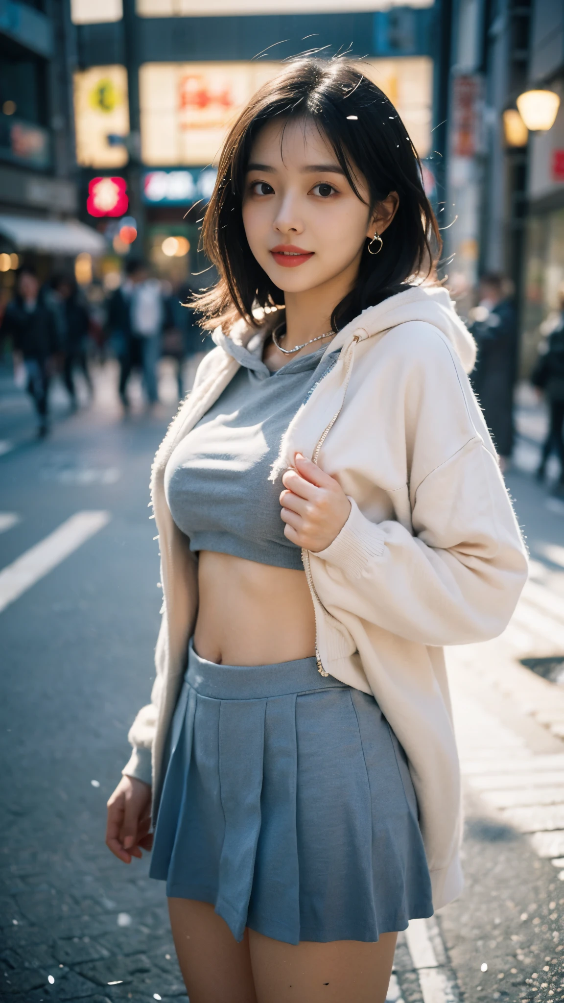 ((8K))，Film photography, 1 girl, (hoody:1.2), (short  skirt),upper legs, navel，choker necklace, ear nipple ring, Vibrant smile, middlebreast, Full body lesbian, drunk blush:1.5, Black shoulder length wavy hair, serene, chill out, (Realistic and detailed eyes, Natural skin texture, Realistic face details), Soft dramatic lighting, depth of fields, bokeh, vibrant detail, meticuloso, hyper realisitc，20yr old,((shirt lift )), (skirt lift), ( , focal), face flushed, Open your lips, view the viewer ,(Clear  eyes，Clear nose，Transparent lip skin)，Semi-body shot , Wear a hooded jacket ,(Tokyo streets ,Falling snow)，