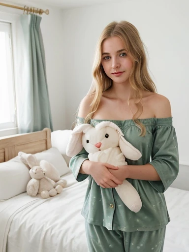 1girl, 18 years old, blonde hair, green eyes, long hair, messy hair, pajamas, nightcap, off shoulder, expressionless, bedroom, stuffed bunny, holding stuffed toy, object hug, masterpiece, best quality, bottomless on bed, naked pussy, hairy pussy, pubic hair