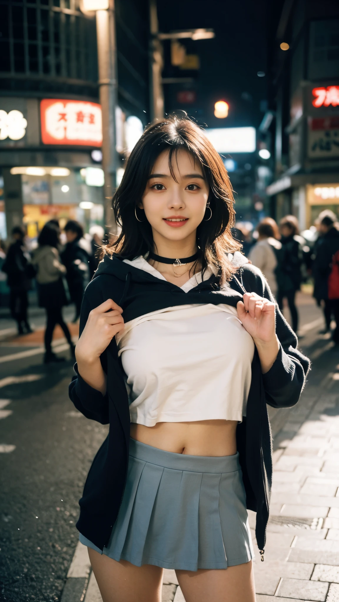 ((8K)),Film photography, 1 girl, (hoody:1.2), (short skirt),upper legs, navel,choker necklace, ear nipple ring, Vibrant smile, middlebreast, Full body lesbian, drunk blush:1.5, Black shoulder length wavy hair, serene, chill out, (Realistic and detailed eyes, Natural skin texture, Realistic face details), Soft dramatic lighting, depth of fields, bokeh, vibrant detail, meticuloso, hyper realisitc,20yr old,((shirt lift )), (skirt lift), ( , focal), face flushed, Open your lips, view the viewer ,(Clear eyes,Clear nose,Transparent lip skin),Semi-body shot , Wear a hooded jacket ,(Tokyo streets ,Falling snow),