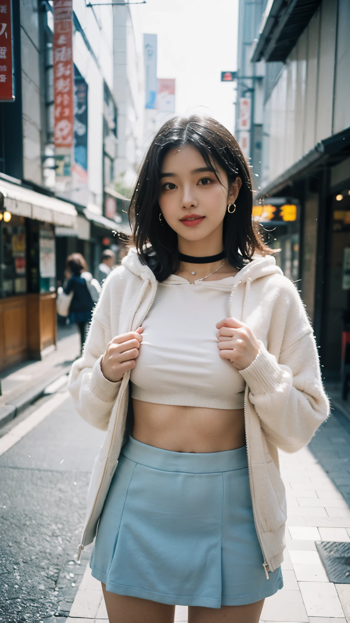 ((8K)),Film photography, 1 girl, (hoody:1.2), (short skirt),upper legs, navel,choker necklace, ear nipple ring, Vibrant smile, middlebreast, Full body lesbian, drunk blush:1.5, Black shoulder length wavy hair, serene, chill out, (Realistic and detailed eyes, Natural skin texture, Realistic face details), Soft dramatic lighting, depth of fields, bokeh, vibrant detail, meticuloso, hyper realisitc,20yr old,((shirt lift )), (skirt lift), ( , focal), face flushed, Open your lips, view the viewer ,(Clear eyes,Clear nose,Transparent lip skin),Semi-body shot , Wear a hooded jacket ,(Tokyo streets ,Falling snow),