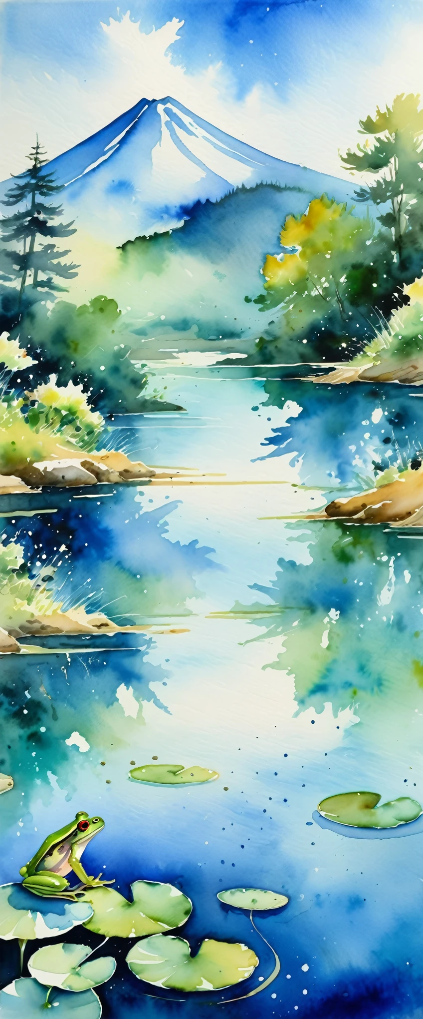 masterpiece,Magnificent landscape painting,Watercolor paintings of beautiful Japanese summer resorts,frog,Beautiful blue sky,(Watercolor splashes、ooze、Blur、blotting、Effective use of the fading technique),(beauty),(Ephemerality),(dynamic)