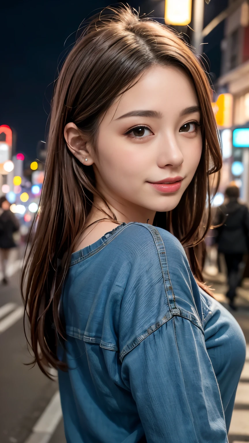 1 girl, Tokyo Street,night, Streetscape,City lights,Upper Body,close,smile,, (8k, RAW Photos, Highest quality, masterpiece:1.2),(Realistic, photo-Realistic:1.37),