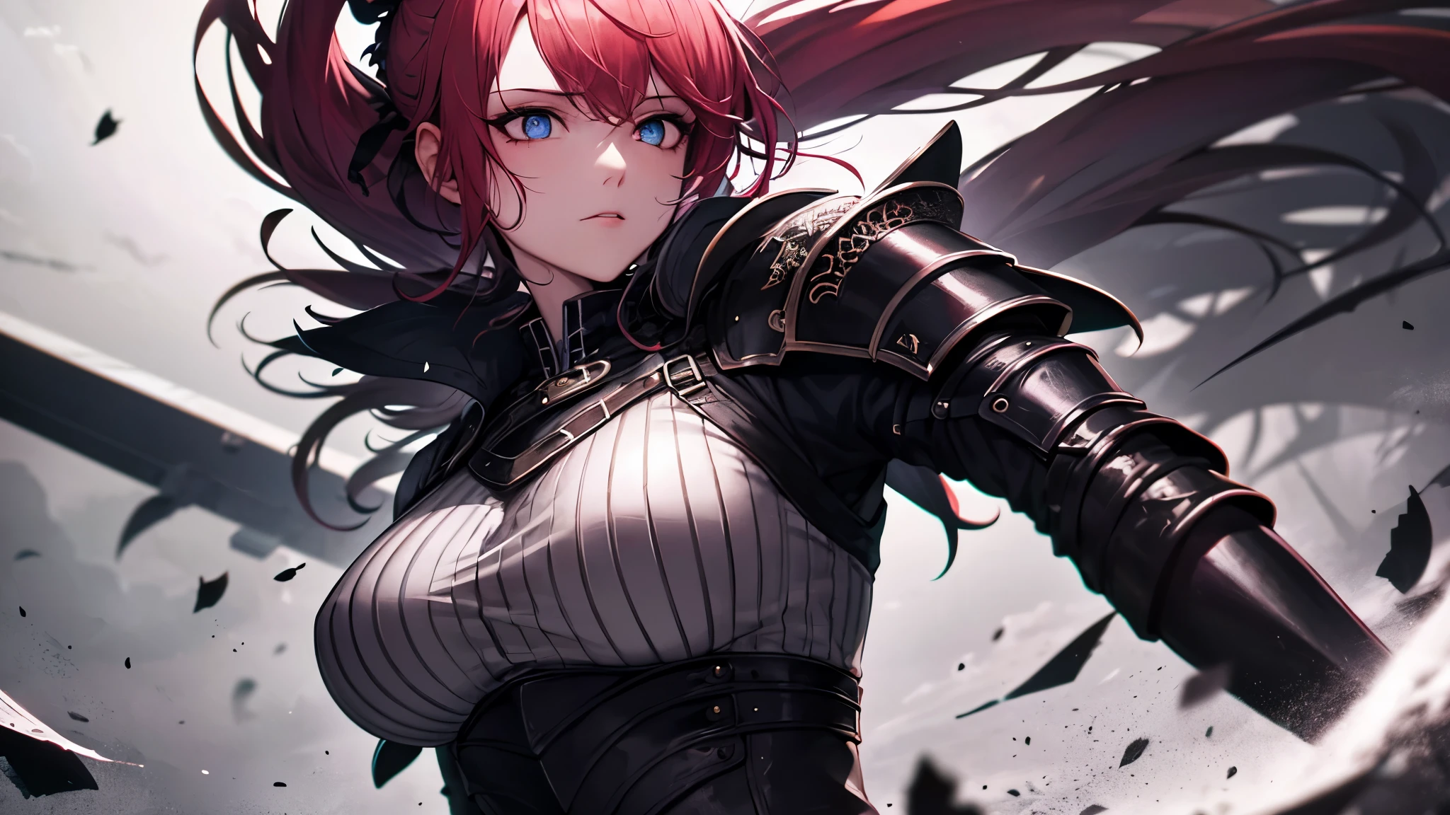 Highest quality, 8k, 4K, High resolution, High Contrast,1girl,only,Beautiful colorful hair,Half Up Hair,(Beautifully detailed face),Red, clear eyes, beautiful eyes, The upper body is visible,20generation, Beautiful breasts, Gothic, knight armor, battlefield, Beautiful background, Dynamic Pose