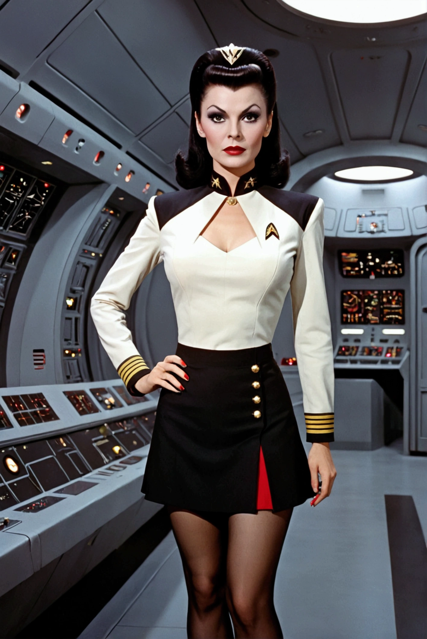 1 woman (Vampira Maila Nurmi, age 25, star fleet mini skirt uniform), visiting the bridge of the Enterprise to advise Captain Kirk