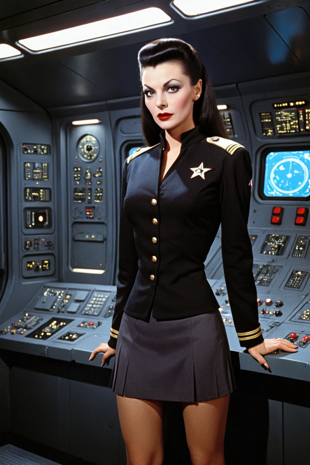 1 woman (Vampira Maila Nurmi, age 25, star fleet mini skirt uniform), visiting the bridge of the Enterprise to advise Captain Kirk