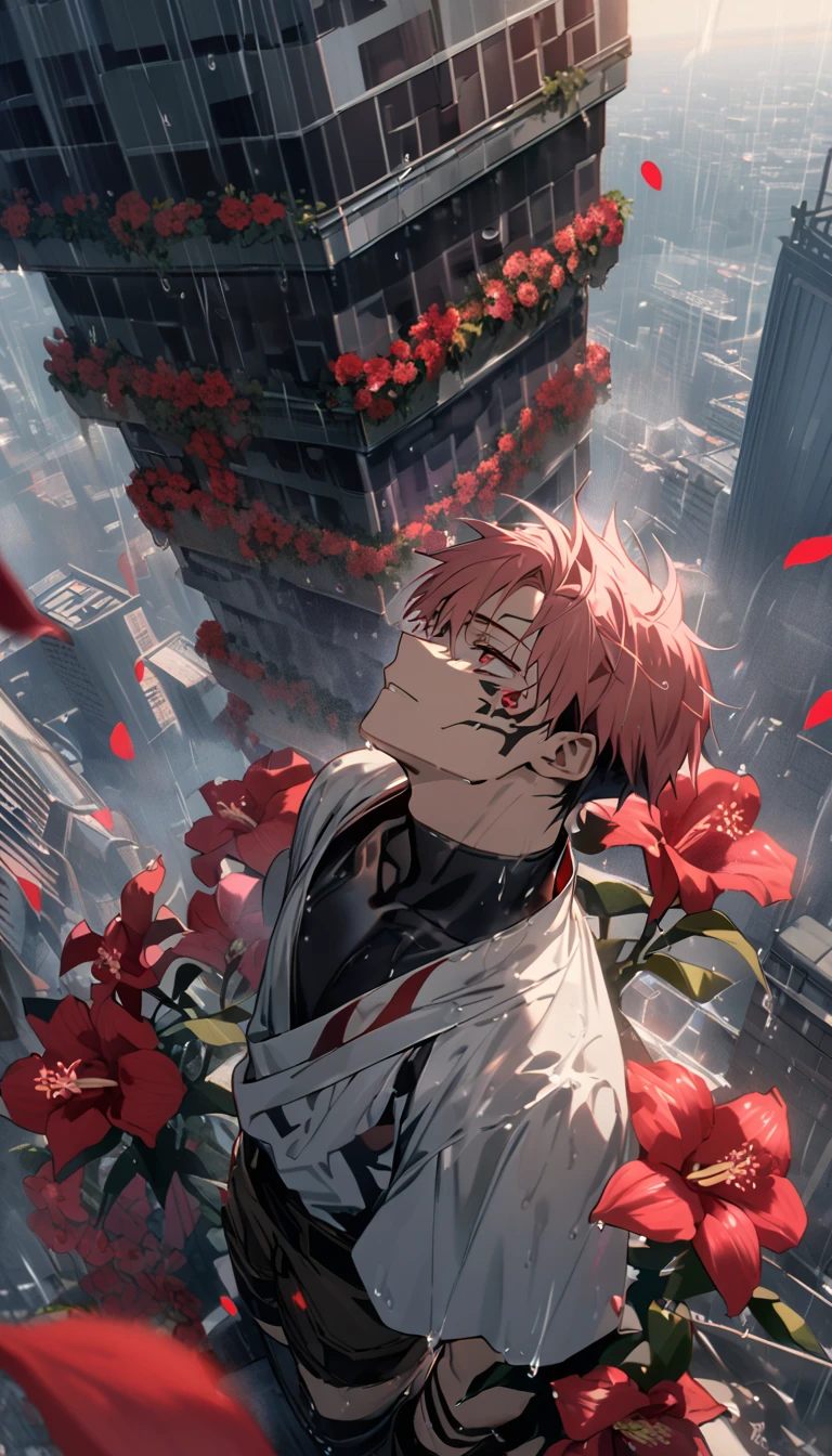 A 25 year old adult man, light red hair, with a tattoo on his face, was sitting on top of a city tower, with the effect of falling rain water drenching him, and red orchid flower petals flying.